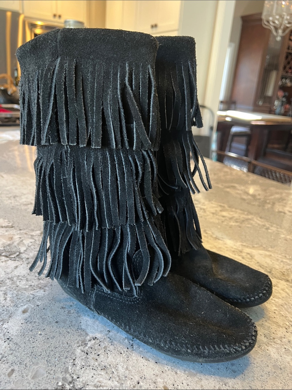 Minnetonka Black Suede Leather 3-Layer Fringe Boots Size 8
